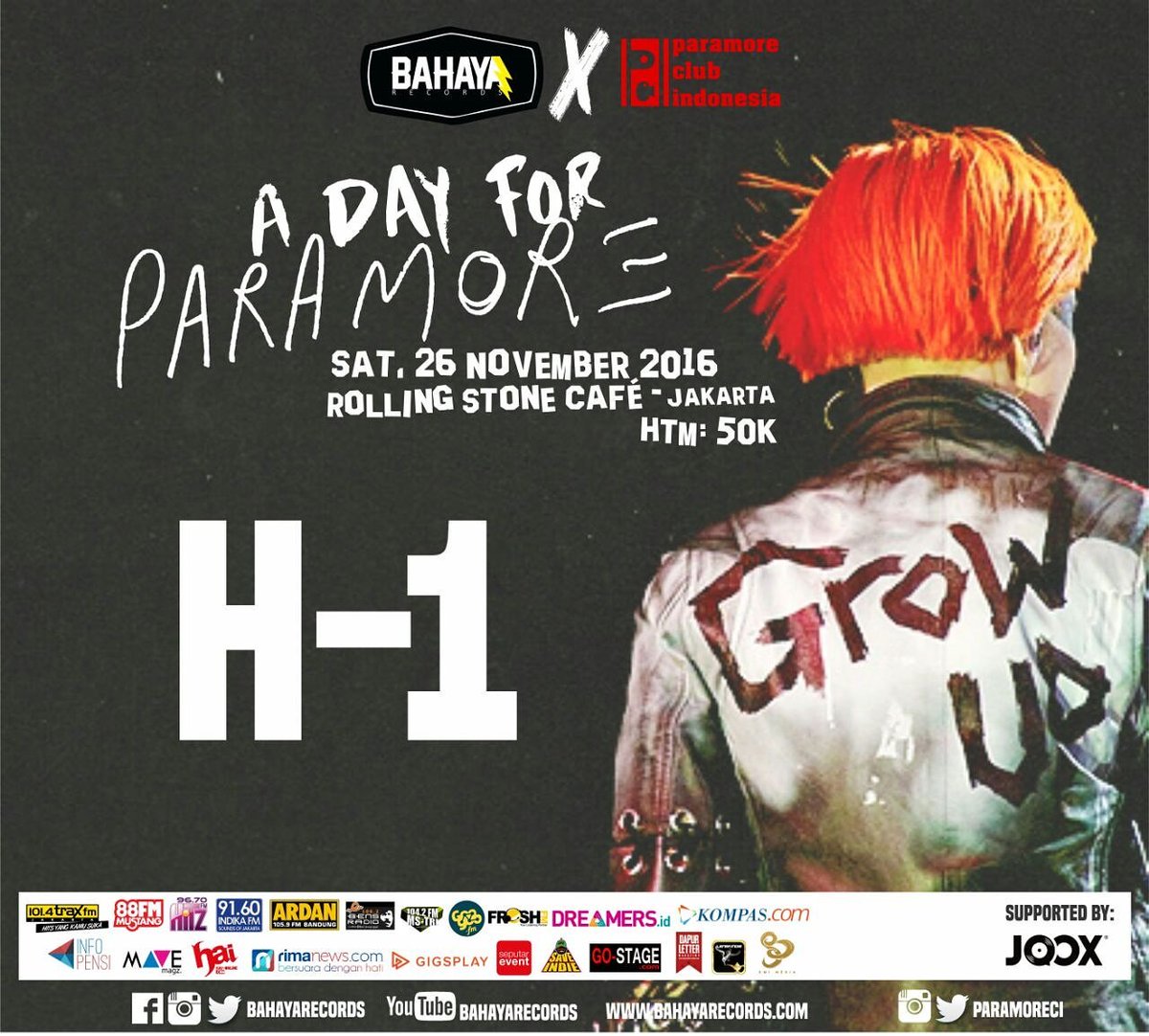 paramoreCI's tweet photo. You're all ready to "A DAY FOR PARAMORE"? 
@RSCafeINA 
Sabtu, 26 Nov 2016 
Open gate: 13.00
Ticket OTS
See you guys🙋🙋
#ADAYFORPARAMORE2016 https://t.co/RLAAYOHlU4