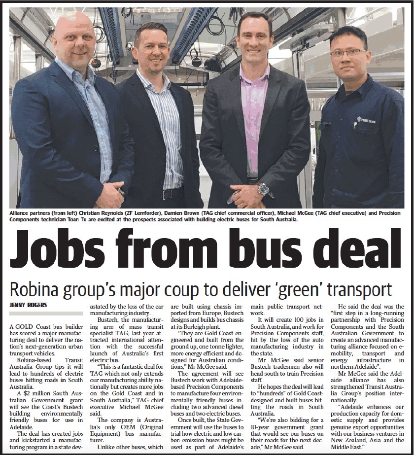 barrettgibson's tweet image. #QLD bus builder #Bustech spearheads $2m deal with #SAGov to #manufacture next-gen urban #transport vehicles in #Adelaide (@GCBulletin).