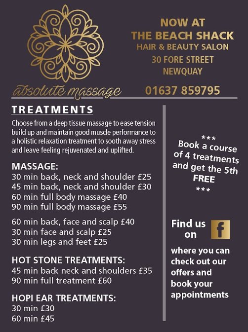 AtlanticAngels's tweet image. 'Absolute Massage' Half price introductory deals! at 'The Beach Shack' opposite Sailors car park, #newquay