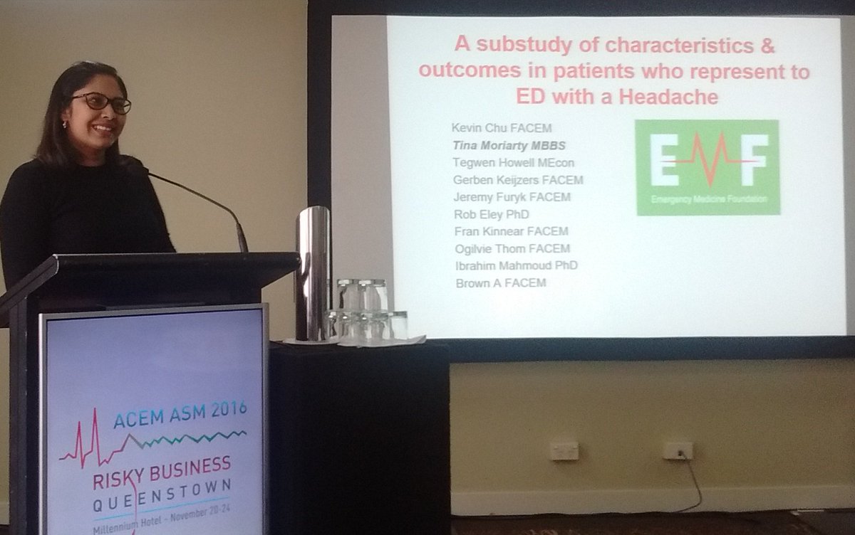 emfresearch's tweet photo. Dr Tina Moriarty presenting on trial data of patients visiting the ED more than 1x with #headache #EMFgrant #acem16 #rbwh @MetroNorthHHS https://t.co/G4GmYZEwpe
