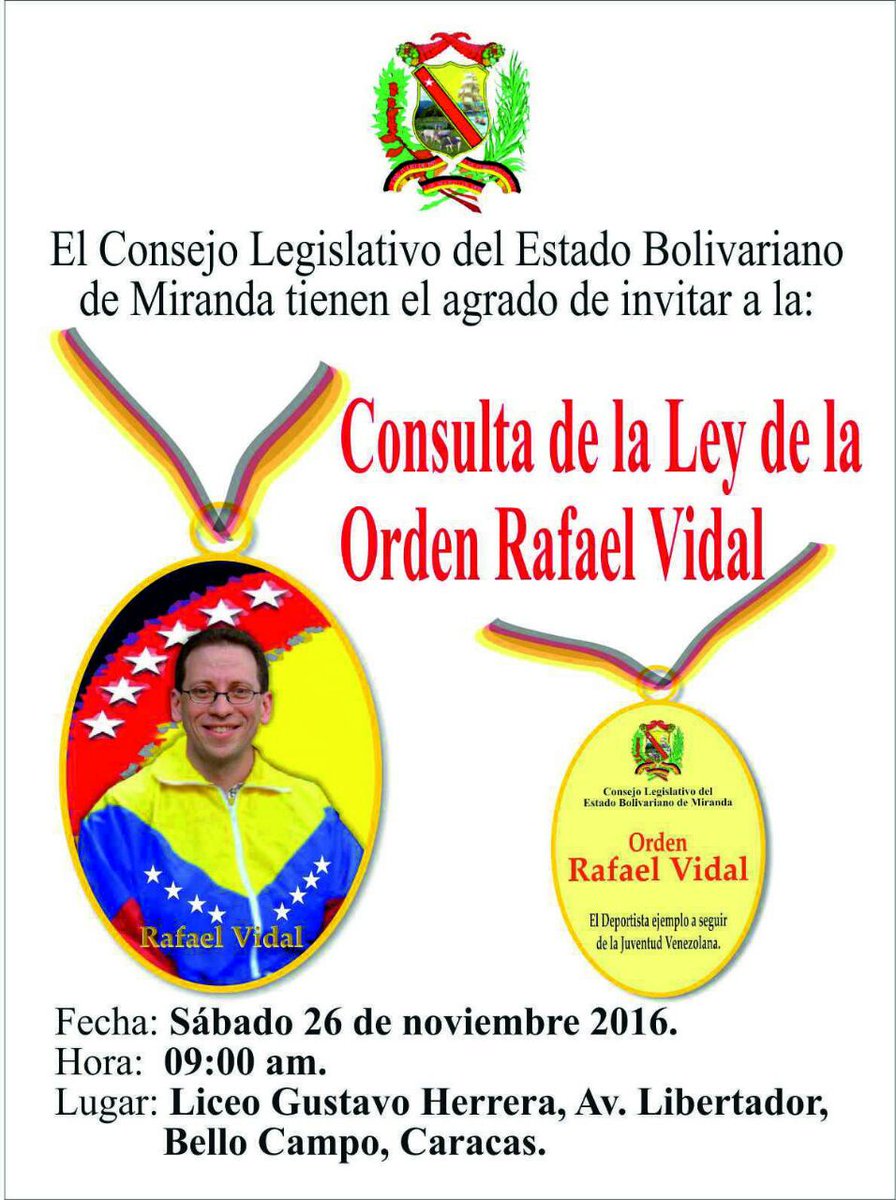 Hrodriguezpsuv's tweet photo. El CLEBM les invita este sábado 26/NOV 9am a la Consulta de la Ley de condecoración Orden Rafael Vidal en el Liceo Gustavo Herrera en Chacao https://t.co/cWyJJM5RWi