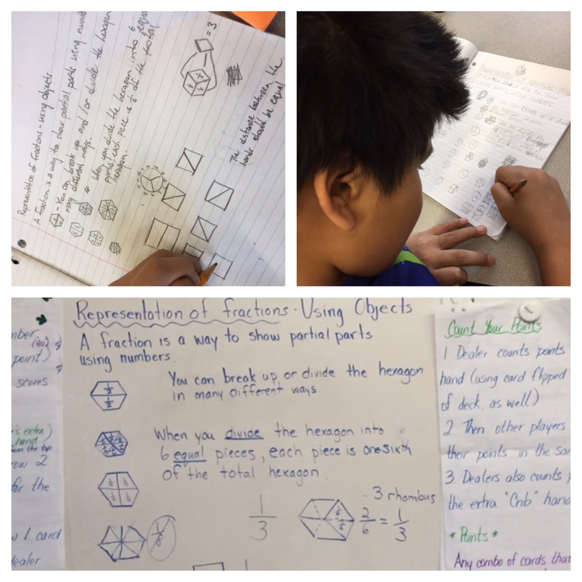 GrosvenorLearn's tweet photo. Big excitement in gr 6 today: Find evidence that a hexagon can be broken into thirds. S: "Wait, could that be done with a clock?" #iseemath. https://t.co/H6HKH5sHuV