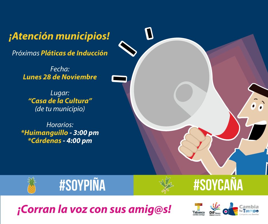 CambiaTiempo's tweet photo. ¡Atención Huimanguillo y Cárdenas! Estos son los datos de la próxima #PlaticadeInducción en su municipio. ⌚📅 #SoyPiña #SoyCaña https://t.co/xj7DPHjq1W