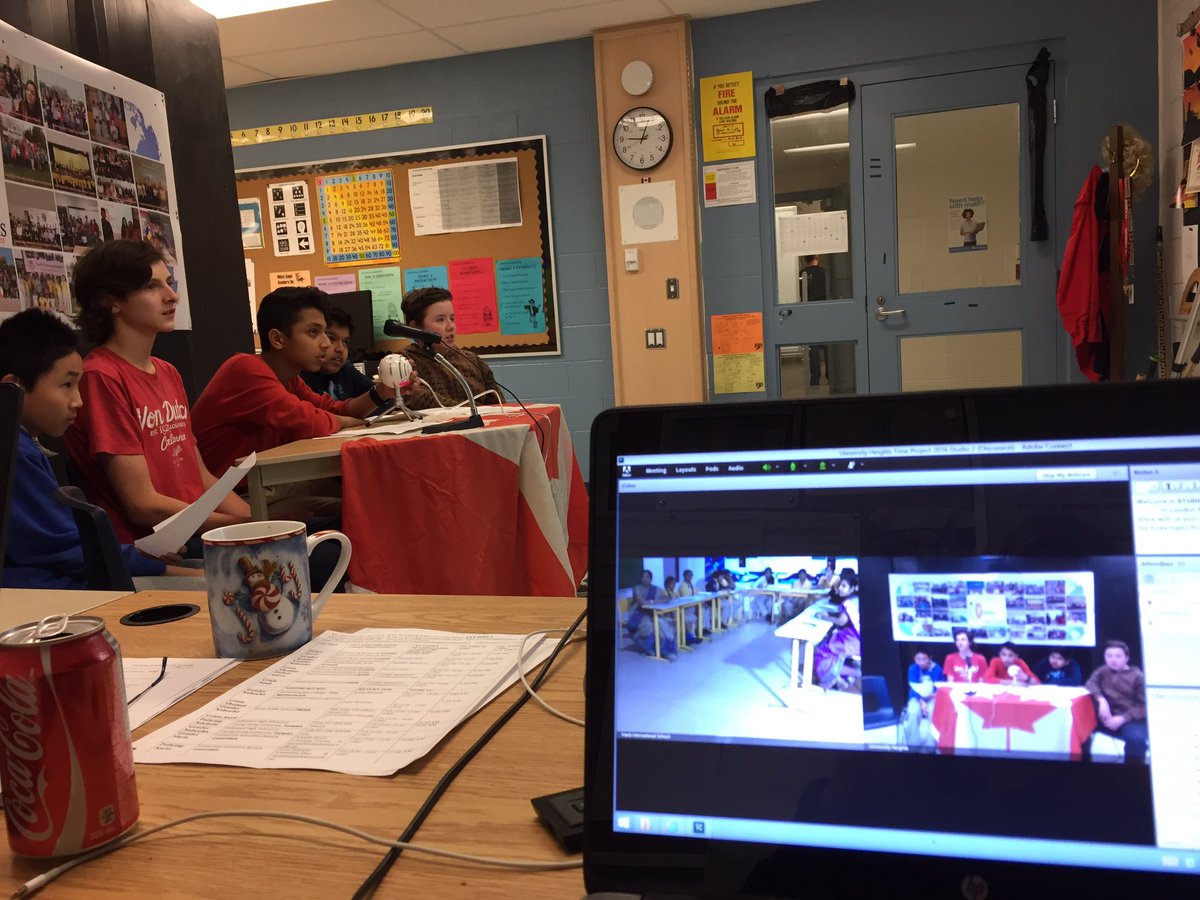 MrsKMethot's tweet image. A conference between University Heights sts. and Vaels International School, India. Discussing policing issues. #tvdsbpbl #timeproject