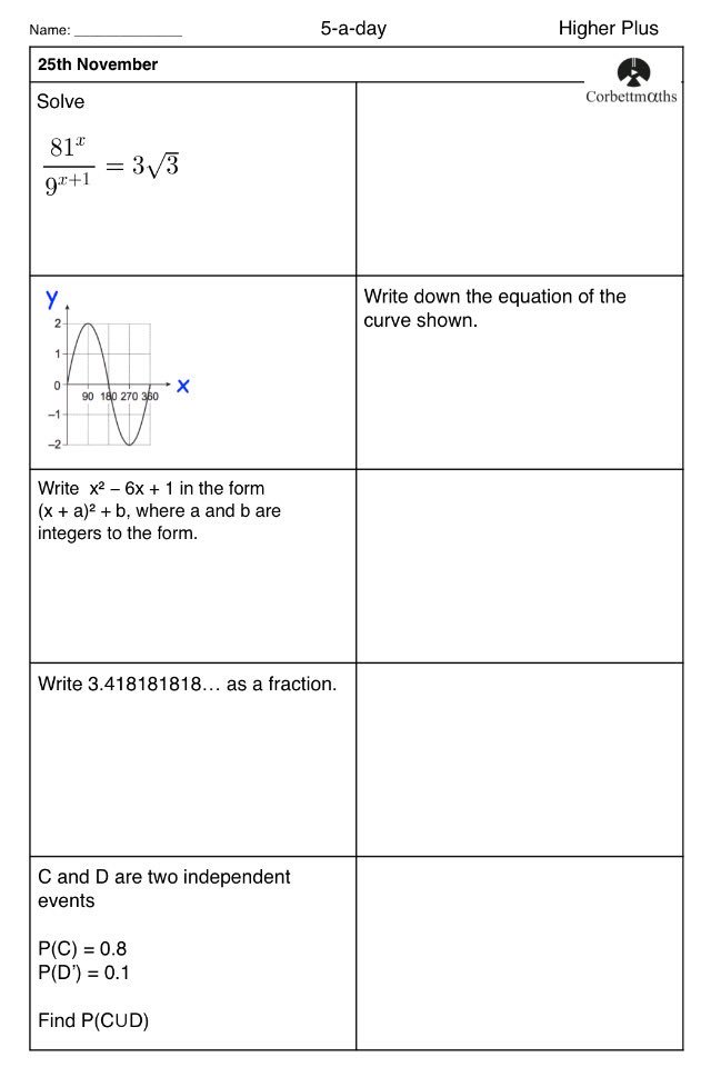 Corbettmaths's tweet photo. Studying for Higher GCSE Maths? Try today's Foundation Plus and Higher 5aday or the challenging Higher Plus 5aday https://t.co/xz4l03fndw