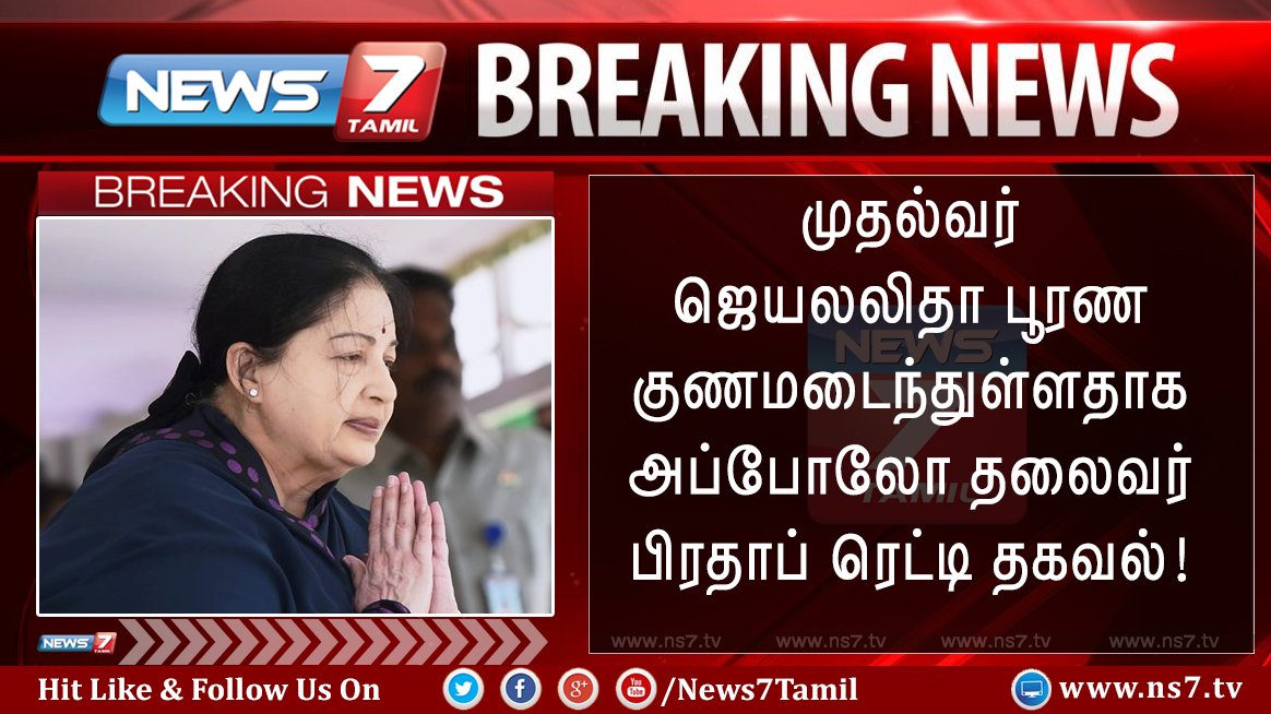 news7tamil's tweet photo. #BREAKING 

முதல்வர் ஜெயலலிதா பூரண குணமடைந்துள்ளதாக அப்போலோ தலைவர் பிரதாப் ரெட்டி தகவல்! 
https://t.co/5wMBD3FLqB https://t.co/qzsaxtCxbW