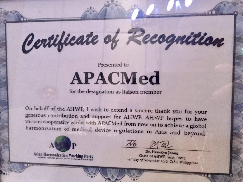 APACMed's tweet photo. We are honoured to be recognized as Liaison Member of #AHWP today. Supporting regulatory harmonization in Asia. #AHWP2016 #medtech https://t.co/Mb9KhusKmw