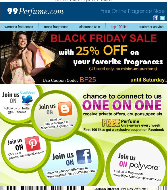 99Perfume's tweet photo. Introducing: Black Friday Super Sale is Here. 25% Off Coupon - Today Only. Coupon Code: BF25 https://t.co/2XdMkogmFU
