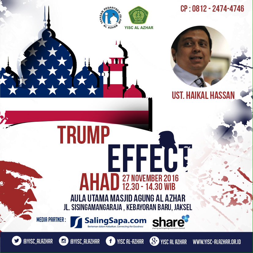 yisc_alazhar's tweet photo. Kajian Politik: βTrump Effectβ
#YISCAlazhar #BidangKajianYISC #BidangSPKYISC #KajianPolitik #TrumpEffect #Rohingnya
#2016 https://t.co/RPHw9JgqMa