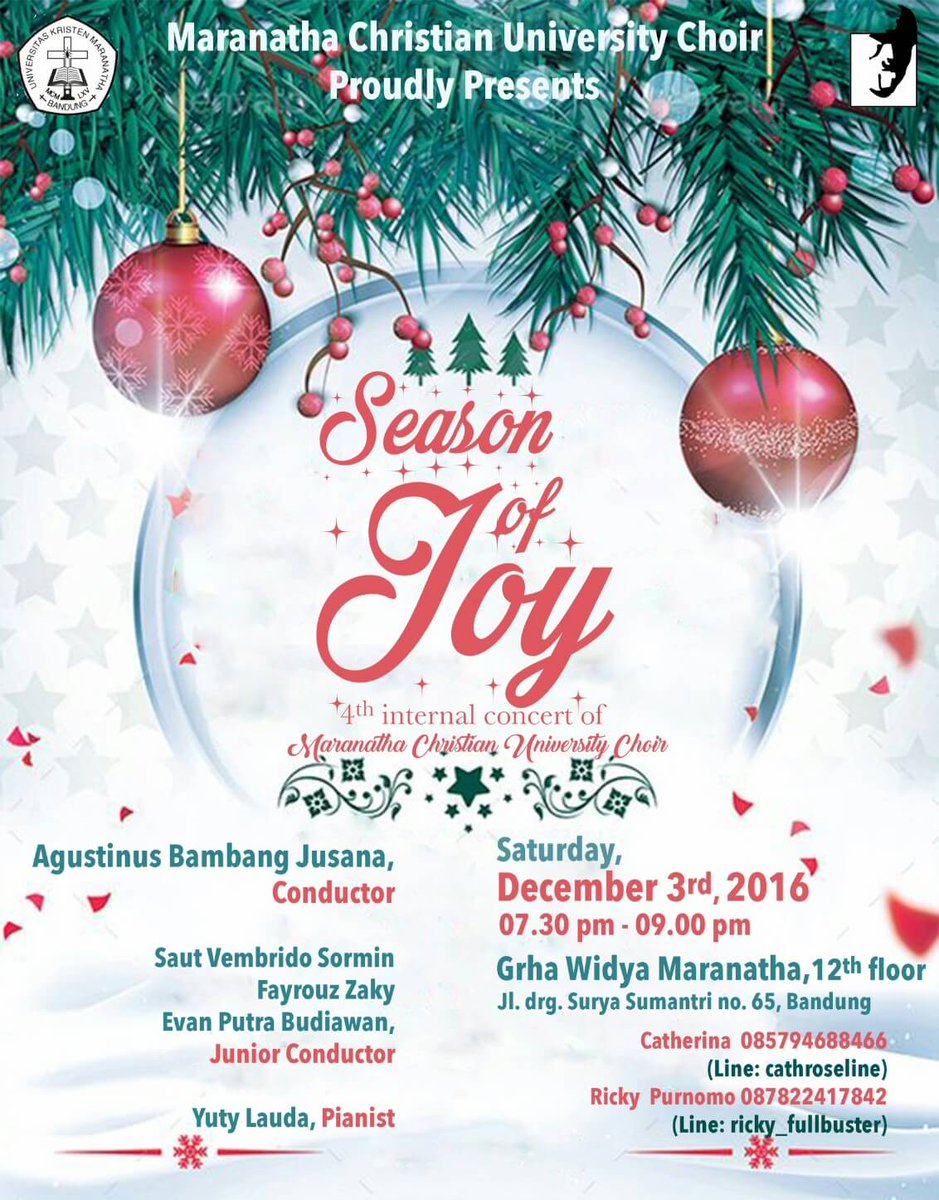 Dimslinardi's tweet photo. Maranatha Christian University Choir
This concert will be held on:
📆 Saturday, December 3rd  2016
🕢 07.30pm - 09.00pm
(open gate: 07.00pm) https://t.co/eIqG1ytmY2