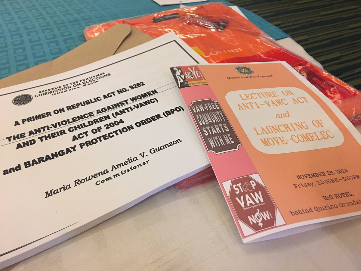 COMELEC's tweet photo. The COMELEC #GAD Lecture on Anti-VAWC Act and Launching of #MOVECOMELEC here in H2O Hotel, Manila is about to start @GAD_comelec https://t.co/m7hEvzIr5Y
