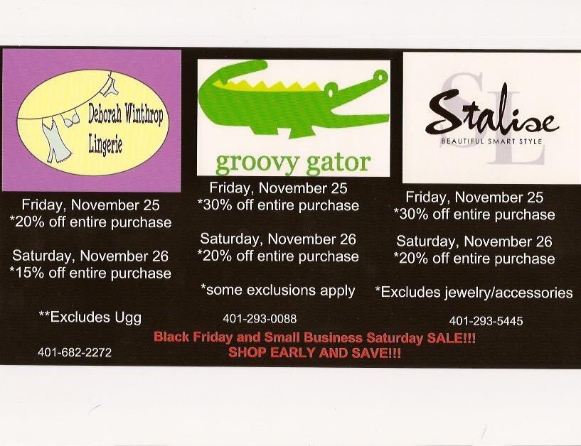 thegroovygator's tweet photo. Some #BlackFriday deals from Groovy and our retail sisters at @ClockTowerSq !

Offer valid in both our stores!
#ShopLocal
#ShopGroovy https://t.co/lbjho8w8VK