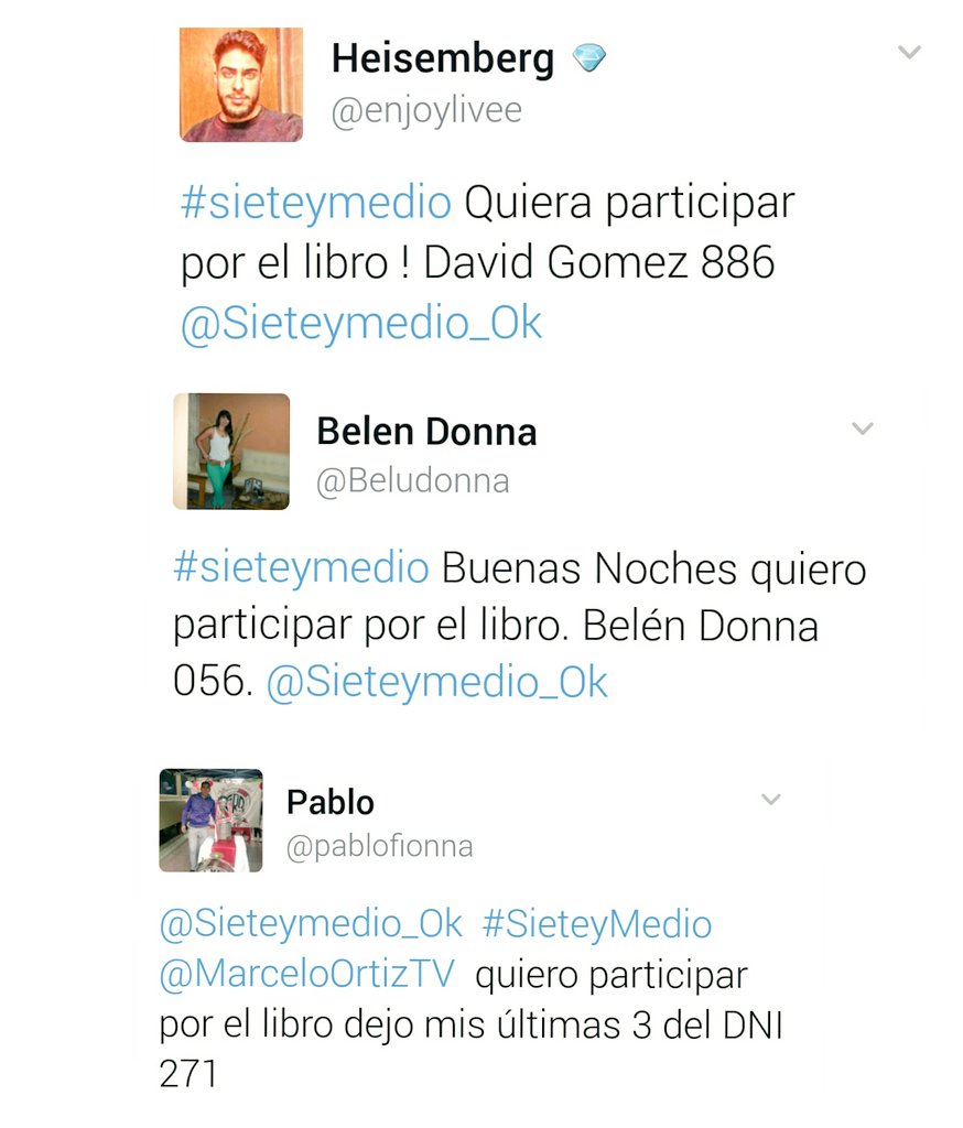 Ganadores del libro de @samuelstamateas felicitaciones: <a href="/enjoylivee/">David Gómez</a> <a href="/Beludonna/">Belen Donna</a> <a href="/pablofionna/">Pablo</a>.  Comunicarse x priv. #SieteYMedio