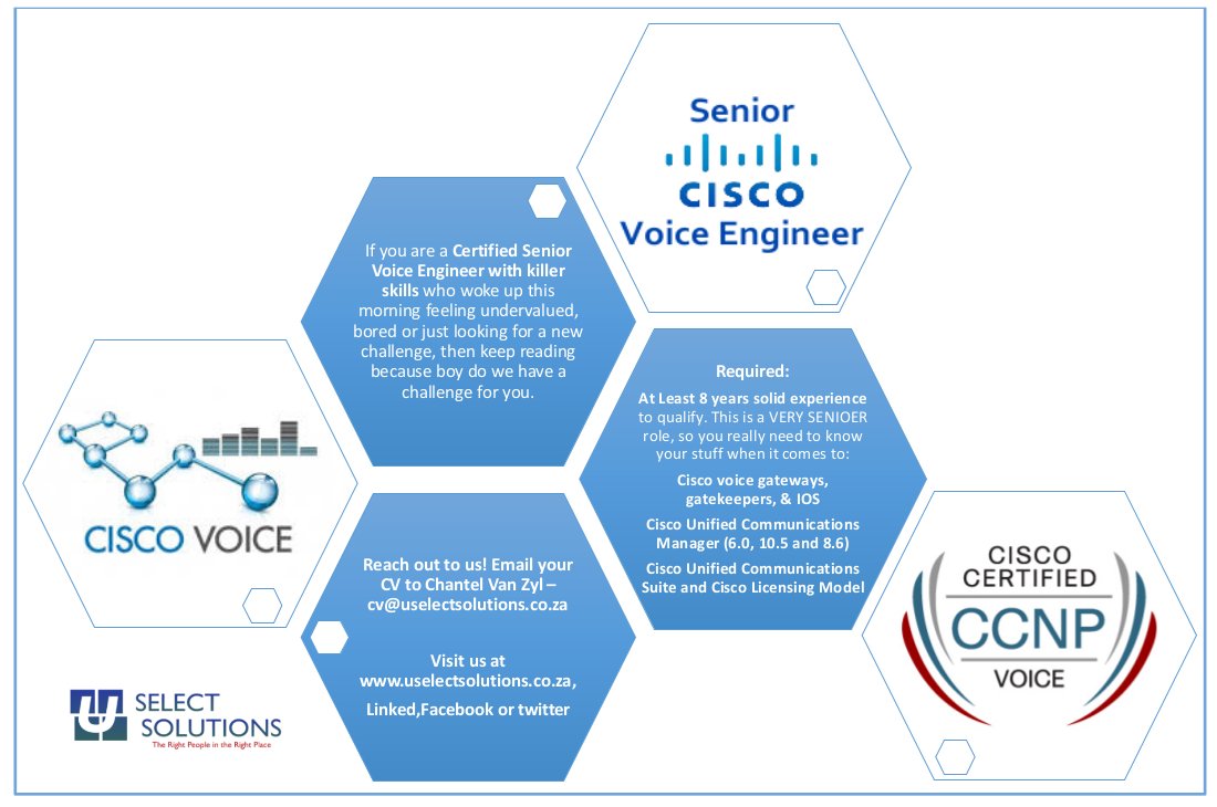 U_Select's tweet image. We are looking for a specialist Voice Engineer who knows CISCO inside out. Send your CV to cv@uselectsolutions.co.za #Cisco #voice #NewJob