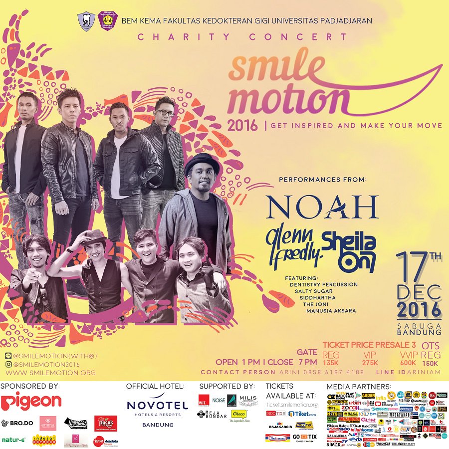 [SMILEMOTION CHARITY CONCERT] Sabtu, 17 Des 2016. SABUGA, Bandung. Dgn artist lineup <a href="/NOAH_ID/">NOAH</a>, <a href="/sheilaon7/">Sheila On 7</a> &amp; <a href="/GlennFredly/">Latuihamallo</a>! #smilemotion2016