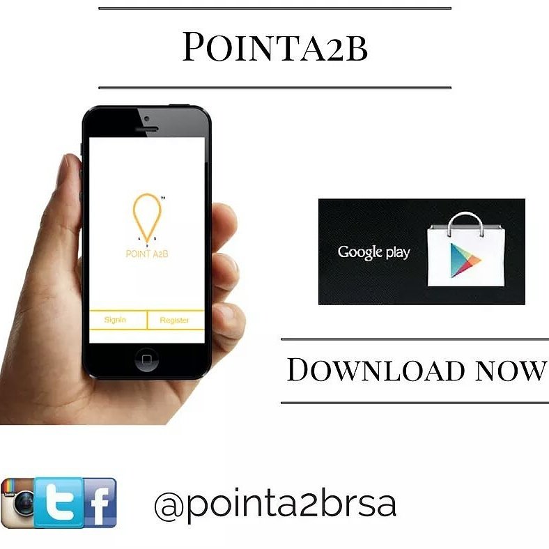 <a href="/PointA2Brsa/">PointA2B</a> are giving away 10 free cab trips. Download the App, like and share <a href="/PointA2Brsa/">PointA2B</a> Facebook page, tag 10 mates and you can win!