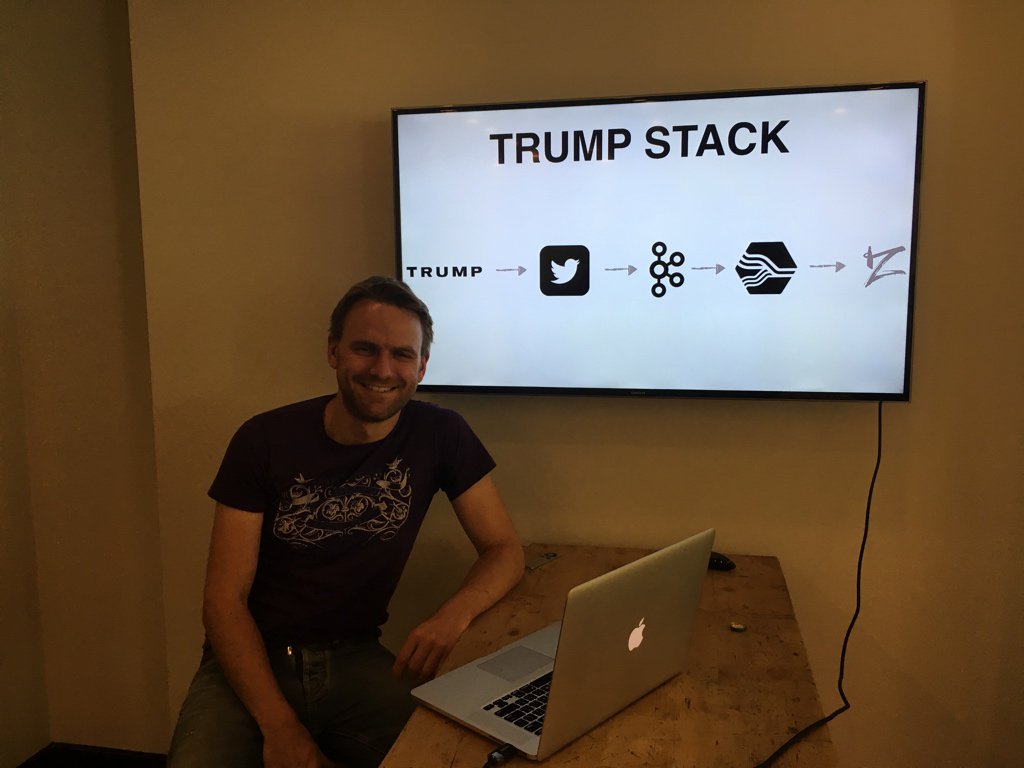 simpmach's tweet photo. Felix @don41382 speaking this week about Kafka SQL Streaming. Demo’d his “Trump Stack”. #fridaytechtalk https://t.co/QoEMCt3kDq