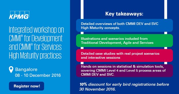 KPMGIndia's tweet photo. Integrated workshop on #CMMIDEV & #CMMISVC #highmaturity practices in Bangalore from 8 -10 Dec, 2016. Register now: https://t.co/z6T1jXD5st https://t.co/JGBw3R0Ik5