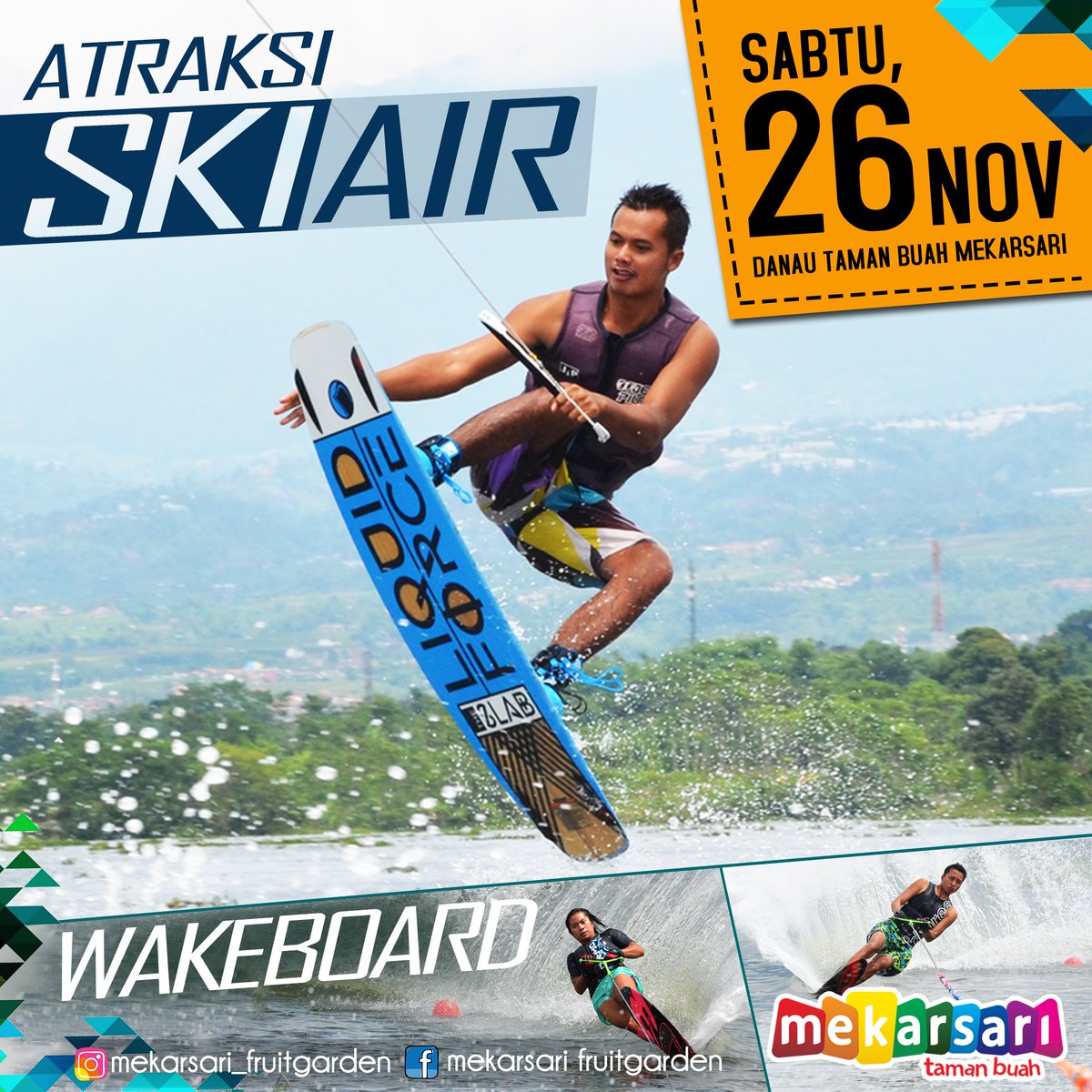 Makin seru aja piknik ke Taman Buah Mekarsari,bisa menikmati atraksi ski air dan Wakeboard di Danau Mekarsari seluas 27 ha, yuk.ke Mekarsari