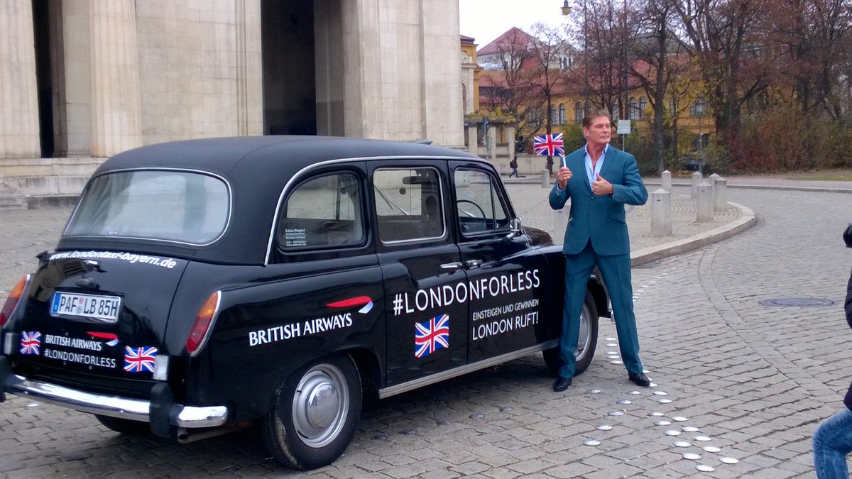 GraylingDE's tweet photo. Heute in #München in unser #BritishAirways Taxi einsteigen und direkt Flüge nach London gewinnen. Mit dabei @DavidHasselhoff! #LONDONFORLESS https://t.co/DyuDQsq3eh