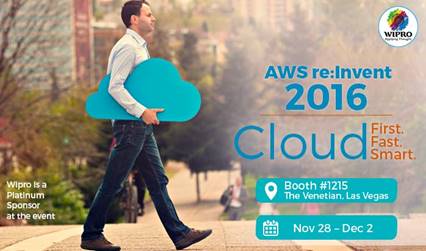 Wipro's tweet image. Get a demo of our future-ready solutions #CloudFirst, #CloudFast &amp;amp; #CloudSmart at Booth #1215. #WiproAWSreInvent. bit.ly/2gtn8oz