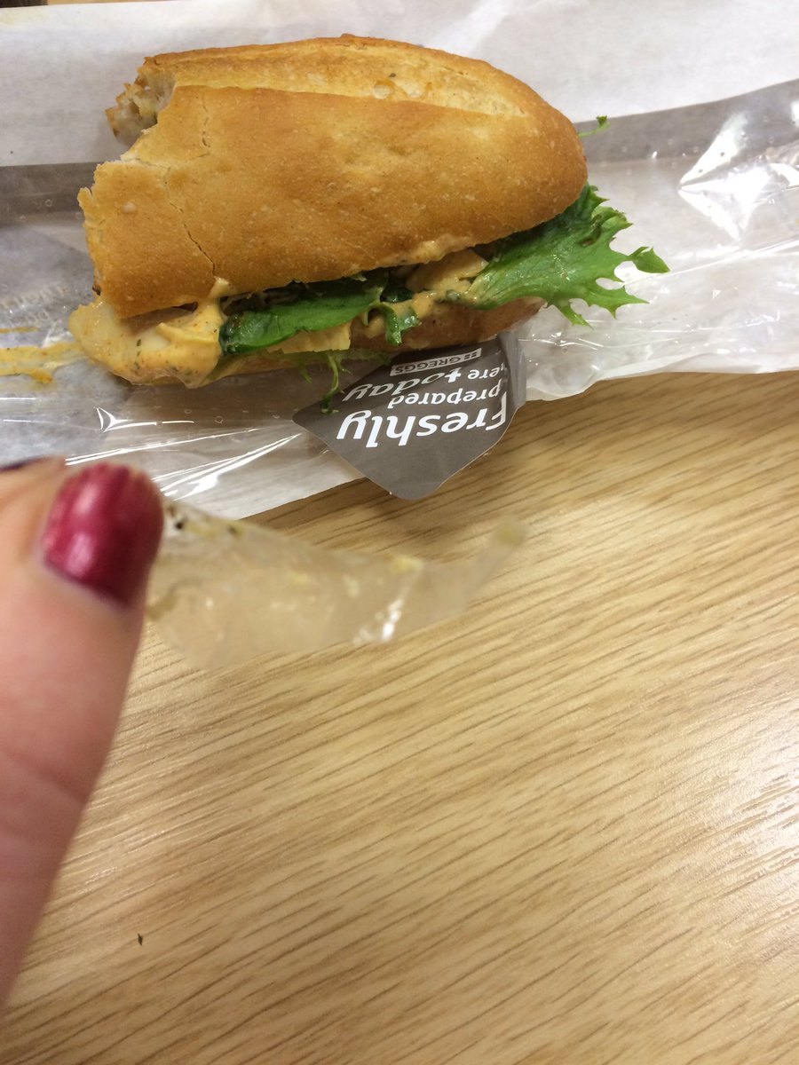 Kat_Croan's tweet photo. Just found this piece of plastic packaging INSIDE my chicken baguette!! I almost choked on it! @GreggsOfficial #nothappy https://t.co/jCo4YkNr8B