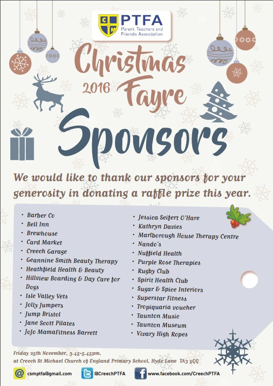 CreechPTFA's tweet photo. HUGE thank you to all of this year's sponsors, we really appreciate your support. School Fayre TODAY 3.45. https://t.co/Y8fFck9JgK