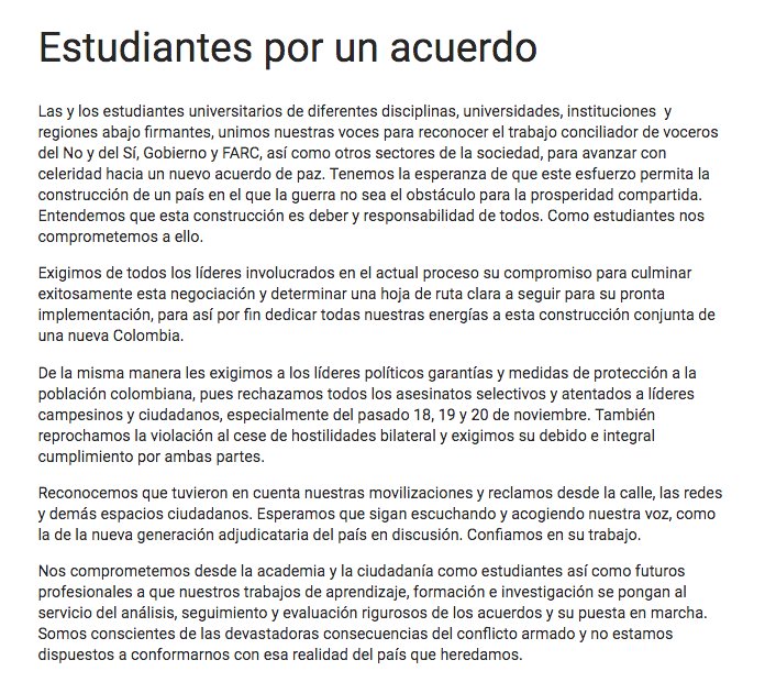 CamiloRamirezAs's tweet photo. Estudiantes firman carta por el #AcuerdoDeLaEsperanza, la Paz, la #ImplementacionYa y una Nueva Colombia. ¡Únase! https://t.co/i4BLbKBCZC https://t.co/nlHishvNyT