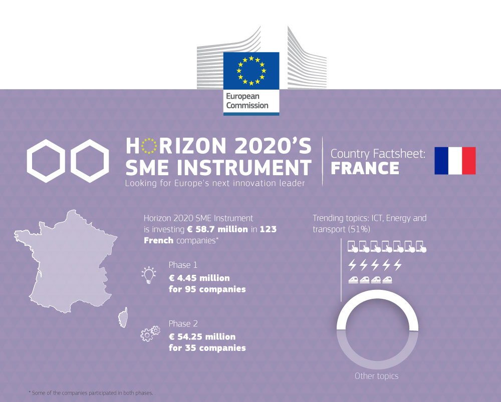 EUeic's tweet photo. #H2020 #SMEinstrument in #France: 123 innovative SMEs shared €58.7 m so far Popular topics ICT energy transport https://t.co/gF9rYbOnM3 https://t.co/FLkmEsUe2h