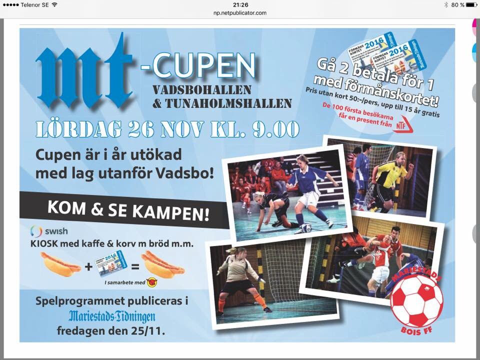 Imorgon Lördag spelas MT-Cupen, med start 09:00 på Vadsbo ⚽️

Hjärtligt välkomna!! 👏🏼