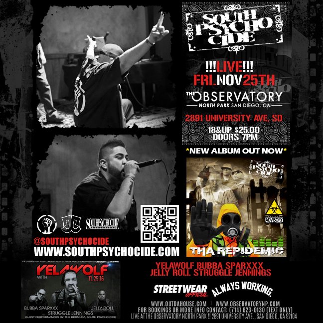 SOUTHPSYCHOCIDE's tweet photo. @91X #SANDIEGO WE LIVE TONITE WITH TOURING ARTISTS @Yelawolf @TheRealBubbaK  AT @ObservatorySD!!! SPREAD THE WORD IT'S GOING DOWN 8PM!!! https://t.co/q8I44vVHzT