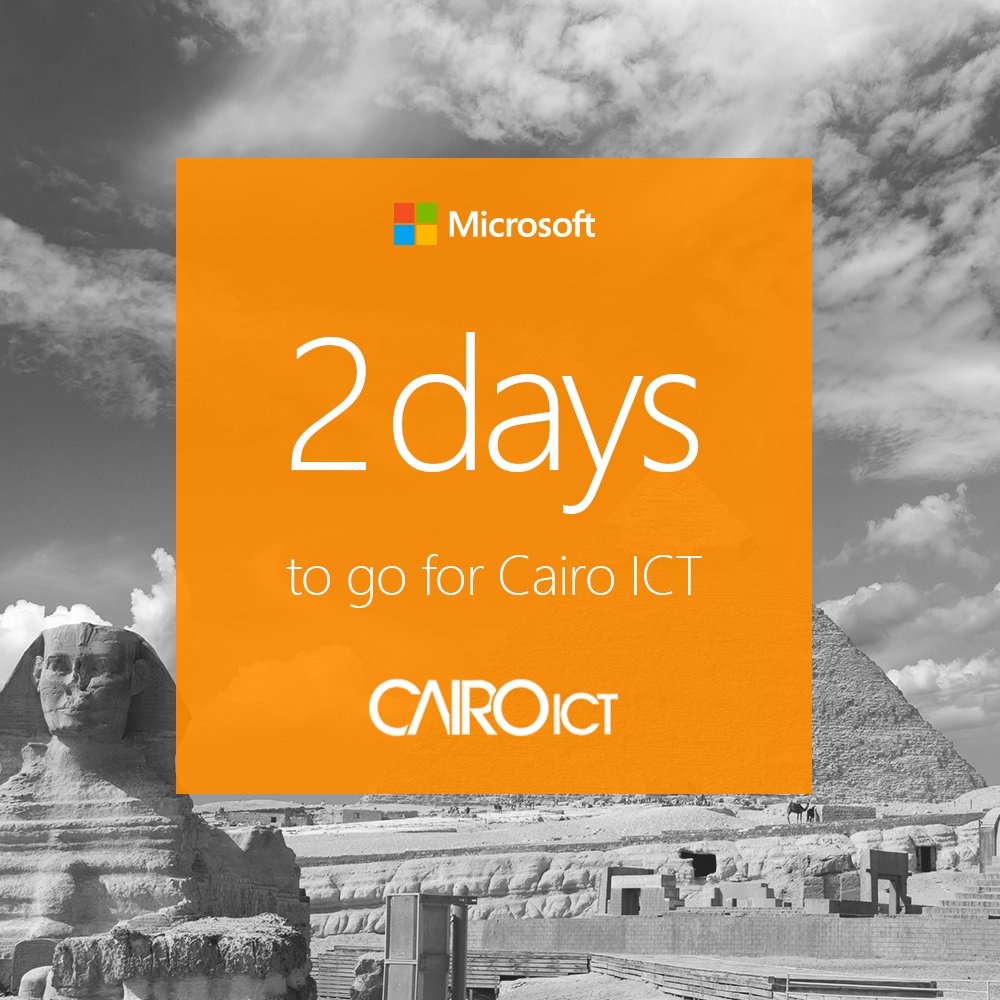 MicrosoftEgypt's tweet photo. 2 days left for #CairoICT! Tell us what are you expecting to see in the Microsoft booth this year? #MSICT2016 https://t.co/Ie3aIuMCKY
