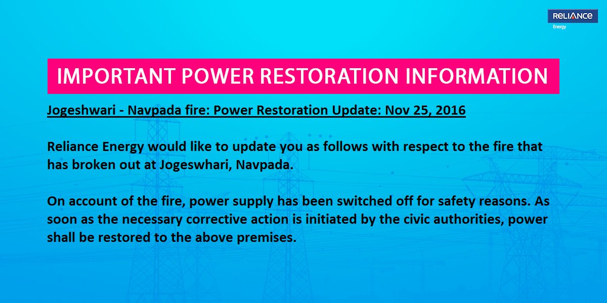 Adani_Elec_Mum's tweet photo. Jogeshwari - Navpada fire: Power Restoration Update: Nov 25, 2016 #FIRE https://t.co/xahn0uEapD