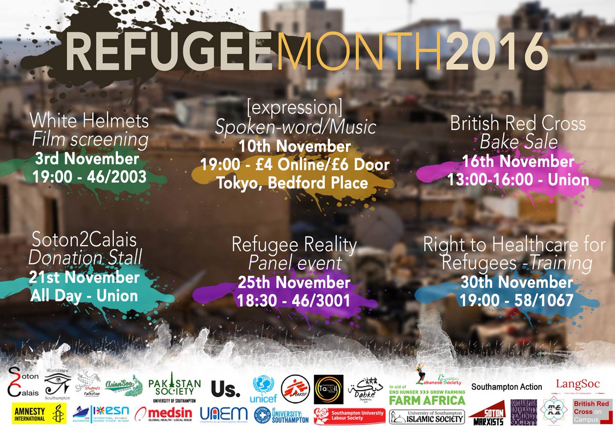 Refugee Reality, a speaker event about Syrian refugees is tonight at 18:30 at 46/3001, Physics bit.ly/2gJHvBL  #Soton2Calais