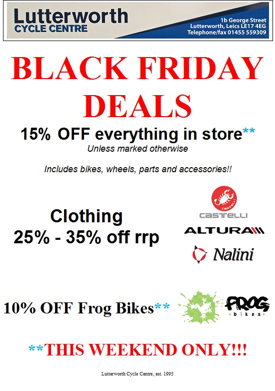 Lutterworthbike's tweet photo. YEAH YEAH wicked, Black Friday, BLACK FRIDAY!! Plenty of amazing in the shop today, come down &amp; check it out. Open tonight until 8.30pm :-) https://t.co/NRePC1jEEi