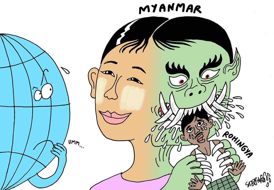 The puzzling duality of #Myanmar #Burma when it comes to the #Rohingya - as portrayed in a brilliantly done cartoon by <a href="/stephffart/">stephff cartoonist</a> <a href="/hrw/">Human Rights Watch</a>