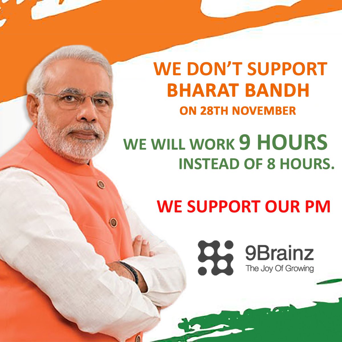 _9brainz's tweet photo. @PMOIndia @narendramodi #blackMoneycleanup #DeMonetisation #bharatbandh  - We will be working 9 hrs instead of 8 hrs to support our PM https://t.co/zc9JzK1F2V