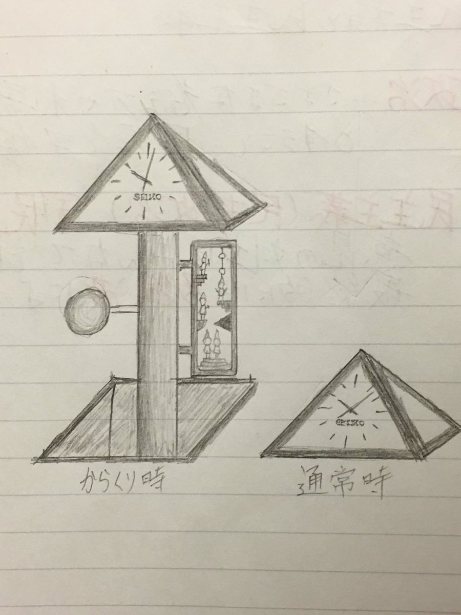 himajin9820's tweet photo. 夢の中で見た架空のからくり時計。
正時になると、文字板がついてるピラミッド型の物体が上へ移動し、中から照明と小人たちが出てくるというもの。 https://t.co/6VEkzsF2jQ
