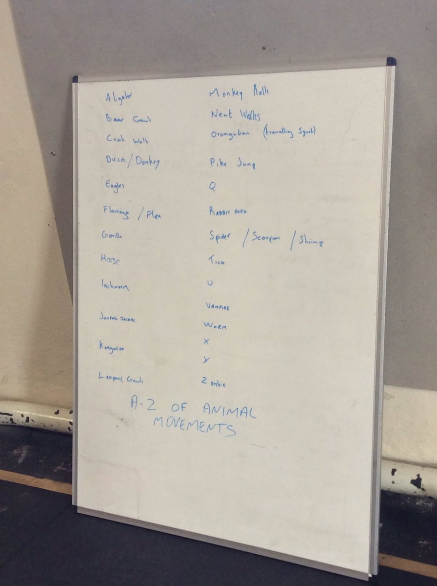 PlymColStrength's tweet photo. Whiteboard CPD session. A-Z of animal movements this morning. Any ideas for Q,U,X,Y? #FUNdamentals #primalmovements https://t.co/B6sPSbKyba