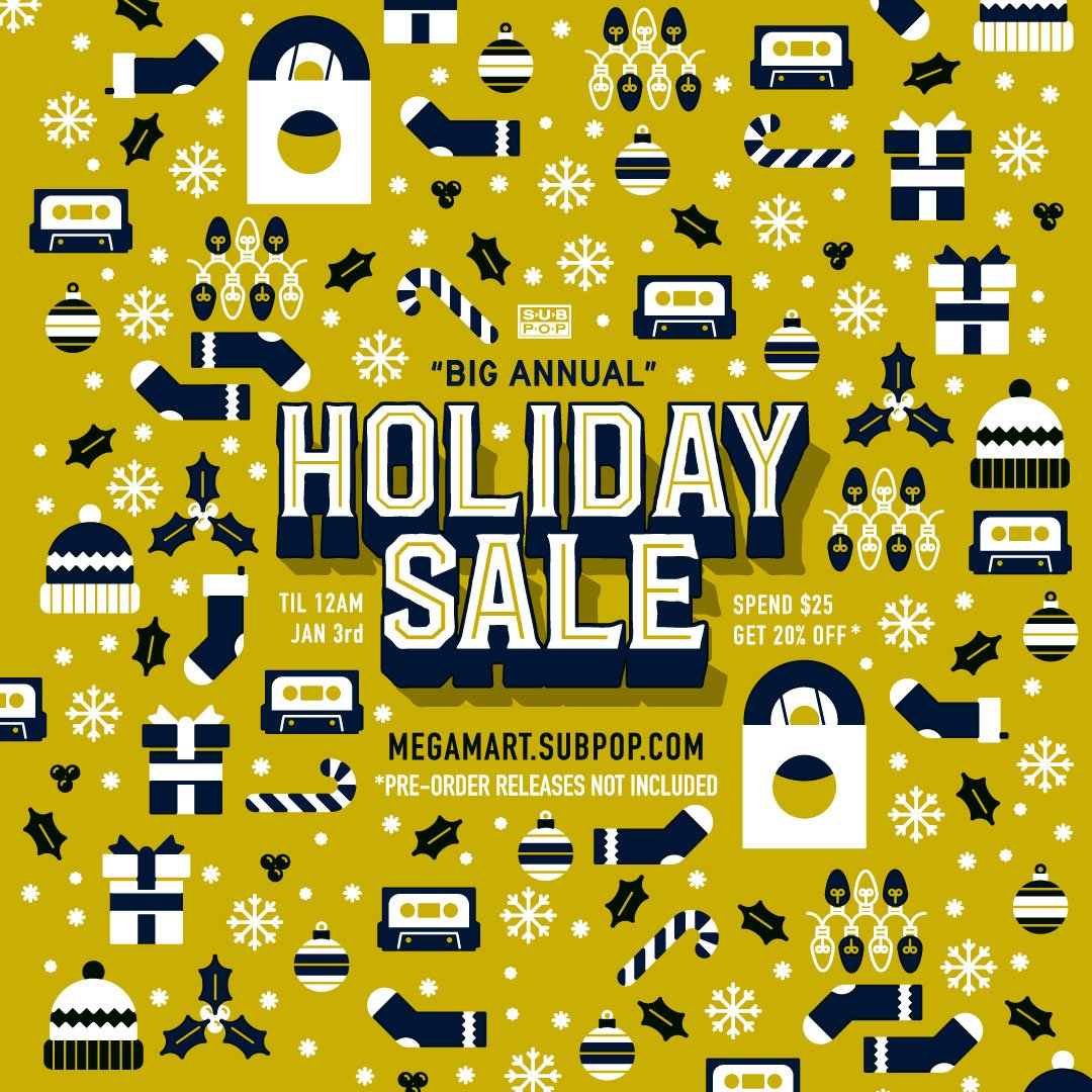 subpop's tweet photo. Consumers, rejoice! Our somewhat popular Big Annual Holiday Sale event and nuisance is on now thru Jan. 3rd at https://t.co/ysSde4ff0G. https://t.co/LiAv0Ufm7z