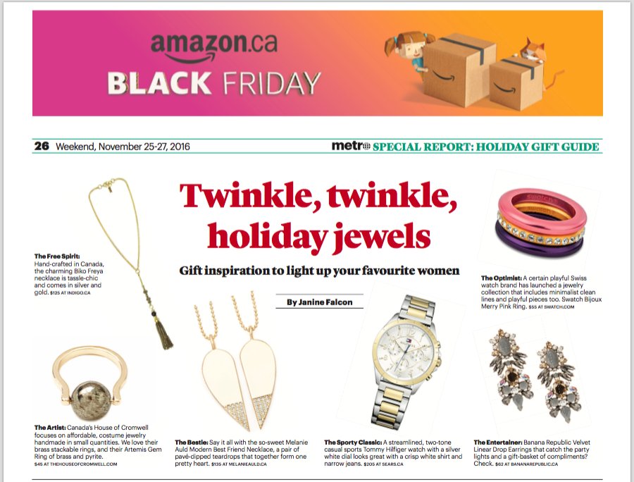 HouseCromwell's tweet photo. Ecstatic to be a part of this pretty spead in @metrotoronto today!   Still time to buy holiday jewelry! #ArtemisCollection https://t.co/H7fyIrd5ou