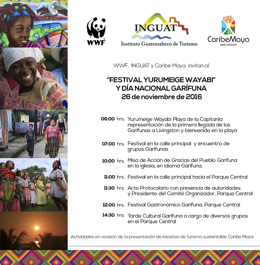 InguatPrensa's tweet photo. Invitación "Festival Yurumeige Wayabi" y Día Nacional Garífuna 26/11 #Livingston☀ #GuateEsElSecreto #WWF Caribe Maya #INGUAT #GuateColor https://t.co/gdfCH9znxX