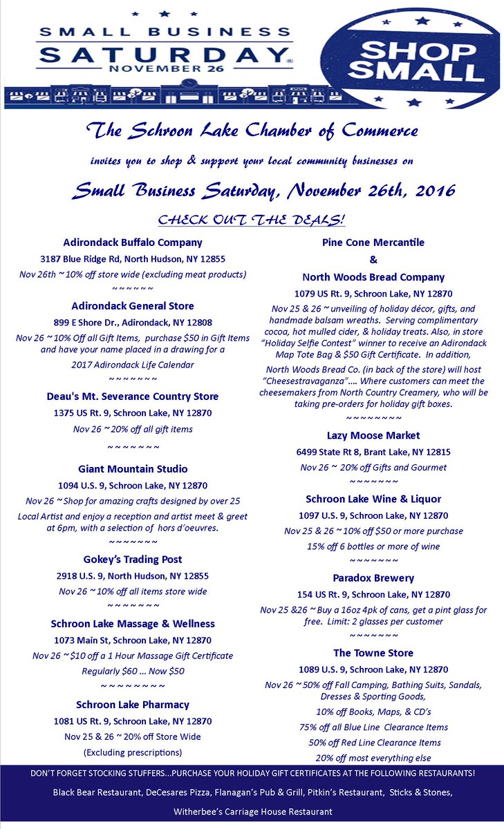 SHOP SMALL SATURDAY, NOV 26 in SCHROON LAKE REGION! #shopsmall