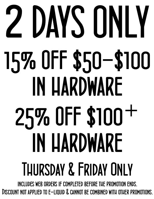 VapeStreetSC's tweet photo. Black Friday Just keeps going! Up to 25% off Hardware! House e-Liquid up to 50% off! Vape Wild 2 for $20 or 30% off! Be smoke free for $20! https://t.co/u3HJCeYrnu