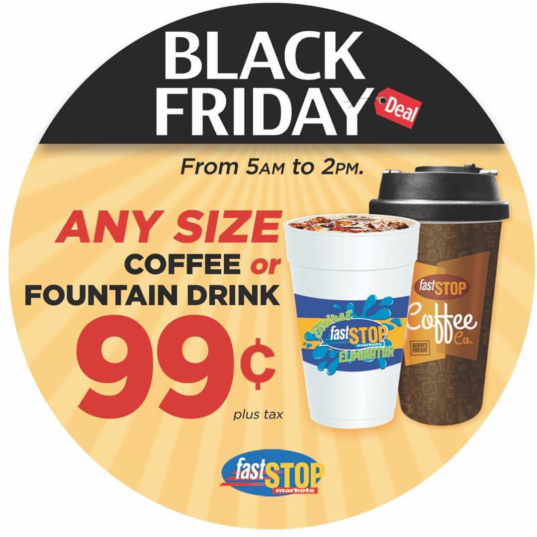 Swing by thru 2pm today and get any size Fountain or Coffee for 99cents! Happy Shopping #FastStopFam