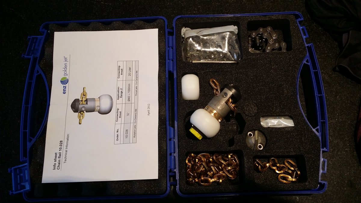 10.028 enz Chain Scraper 1/4" Hose  40 - 100mm pipes only needs 20lpm @ the nozzle. Great for roots, fats/ grease and soft scale.