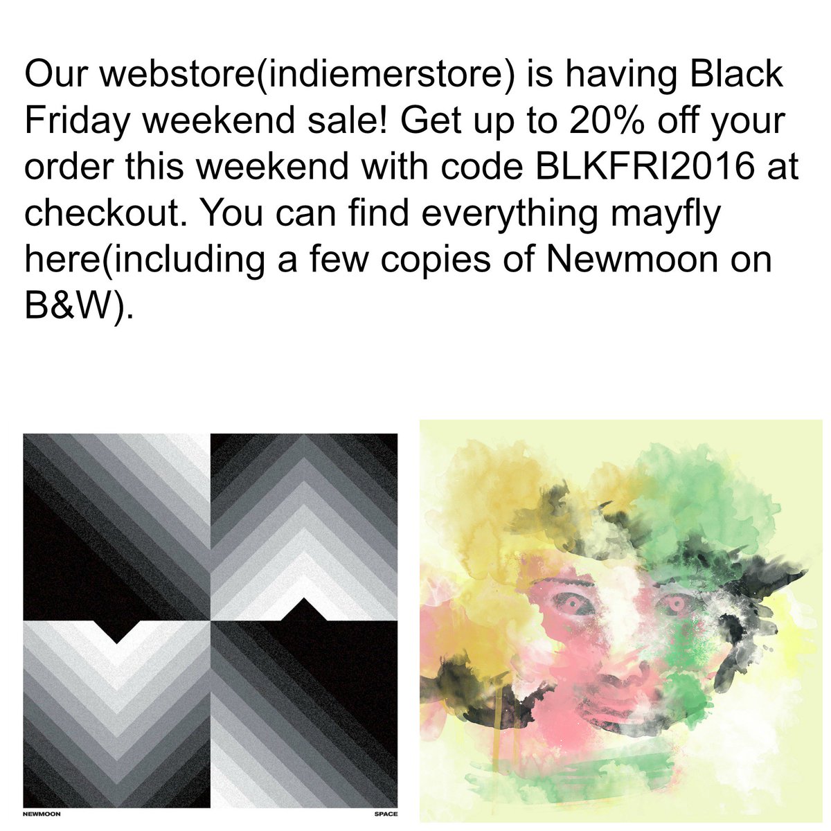 Black Friday sale happening now!!! Promo code: BLKFRI2016
indiemerchstore.com/b/mayfly-recor…