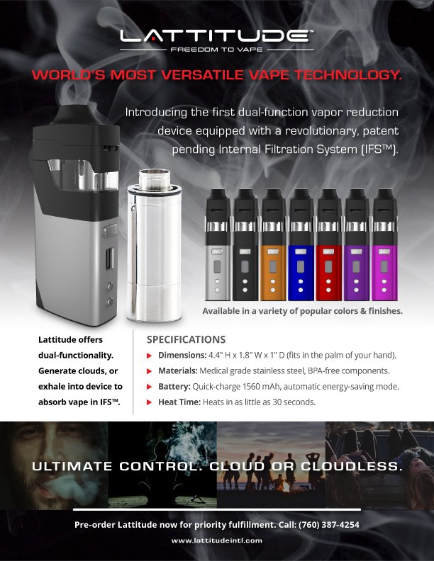 lattitudevape's tweet photo. Our new LATTITUDE brochure. Come meet us @ecc_expo &amp; see the worlds first vaporizer with cloudless tech. #vape #vaping  #freedomtovape https://t.co/YKq2wWbOxc