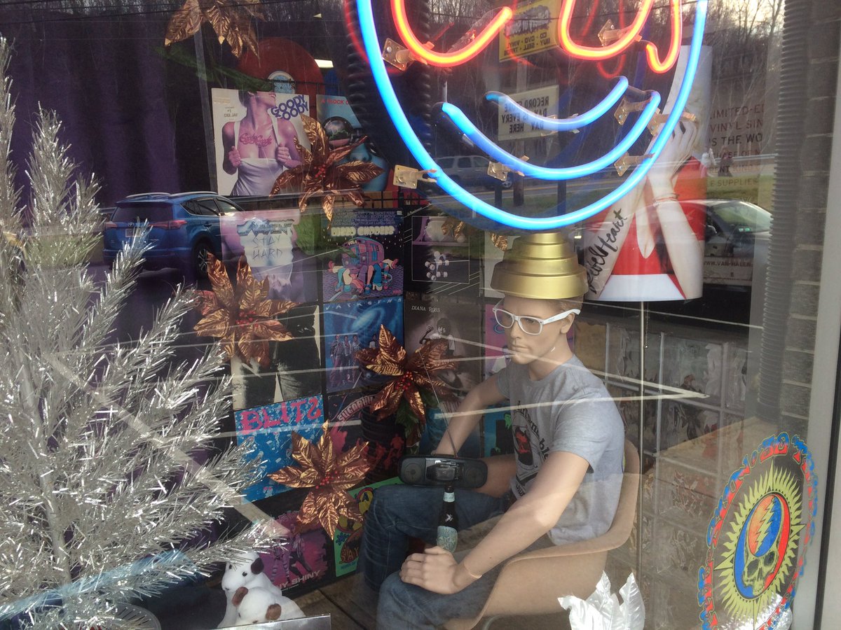 rocky985's tweet photo. I love the @DEVO dude in the @galleryofsound window! #WeAreNotMen #blackfriday https://t.co/TFXurRuY0J