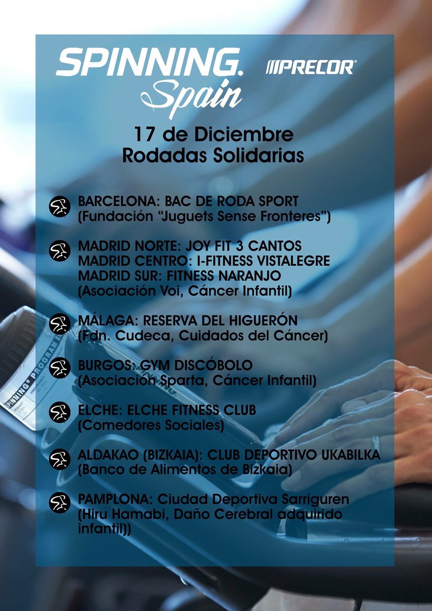 SpinningSpain's tweet photo. Recuerda que el próximo 17-12 serán las #RodadasSolidarias en varias ciudades. ¡Apúntate y rueda por una causa!
Info: eva.garcia@precor.com https://t.co/i2qQk5PHf8